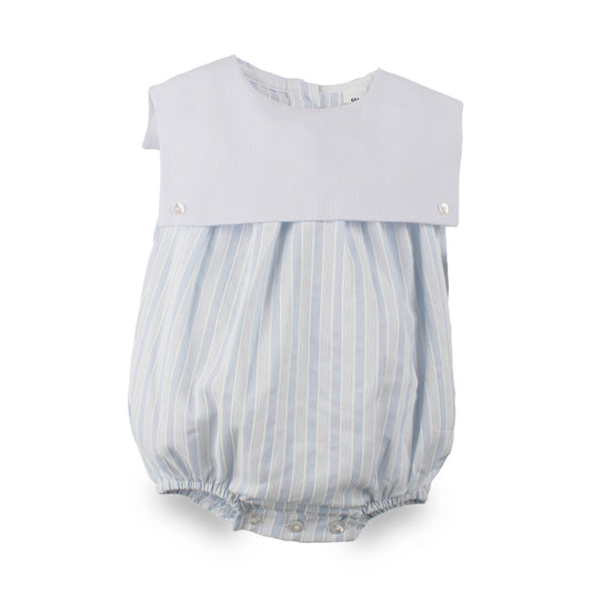 Baby boys blue and white striped bubble romper with white bib-style front, made in Portugal.