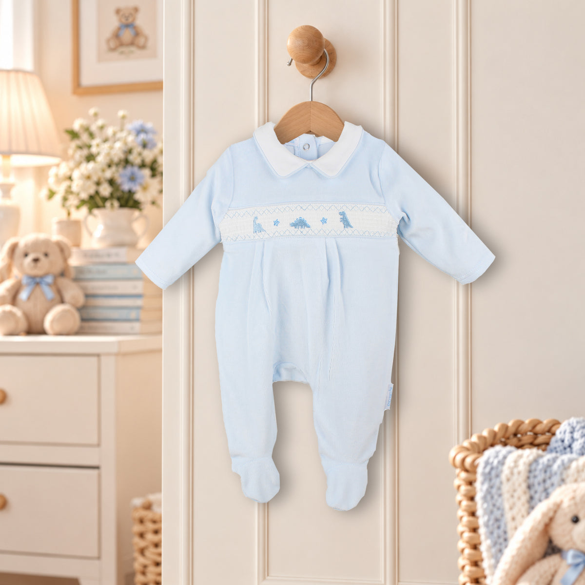 Baby Boys Blue Velour Dinosaur Smocked Sleepsuit