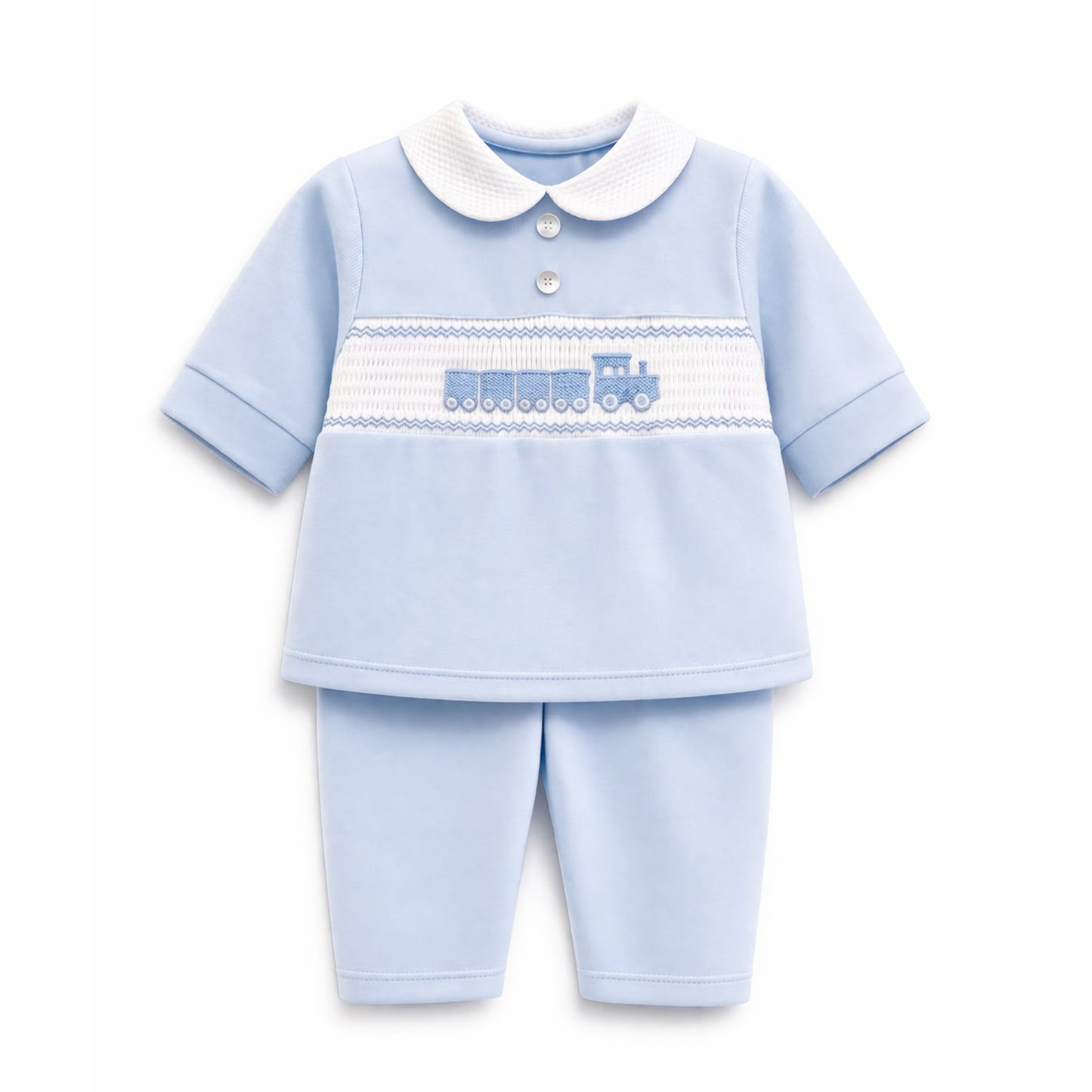 Baby Boys Blue Smocked Train Top & Trousers Set
