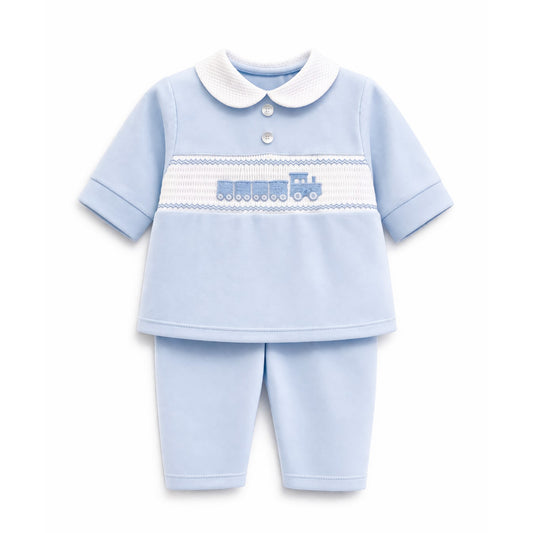 Baby Boys Blue Smocked Train Top & Trousers Set