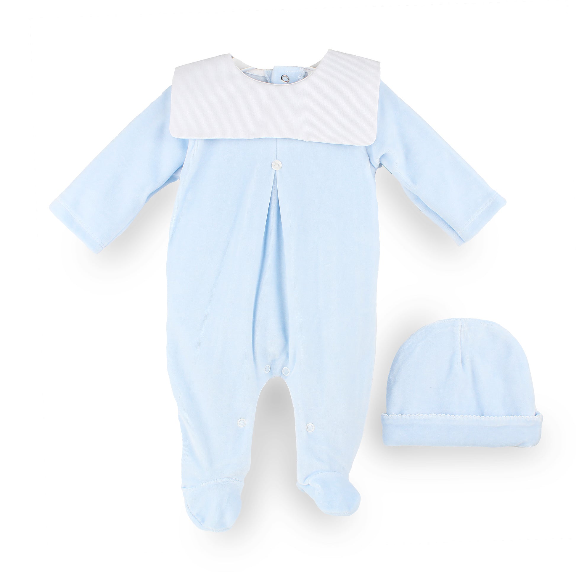 A baby footed sleeper in light blue with a contrasting white collar, shown alongside a matching light blue bonnet on a clean white background.