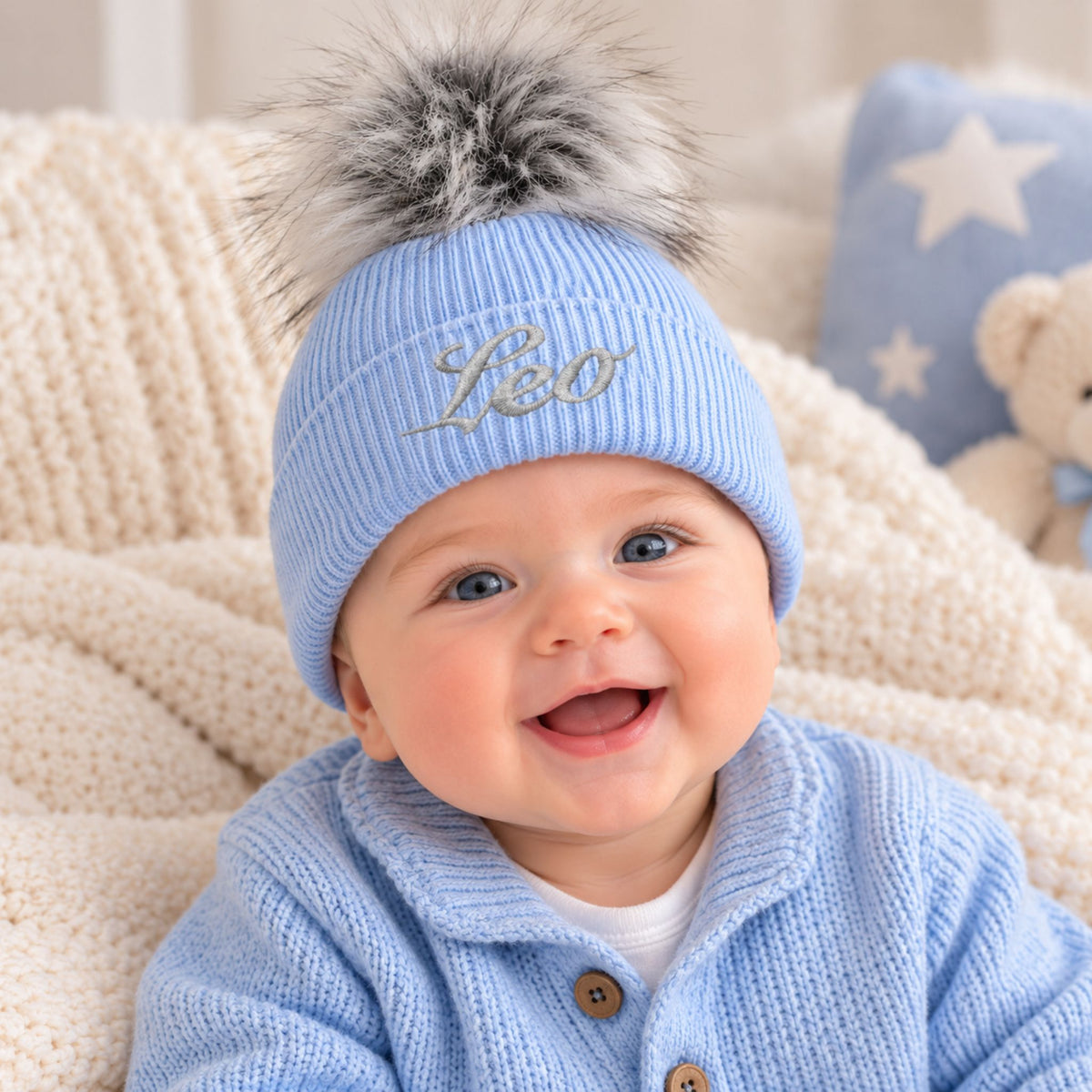 baby boy blue personalised hat to fit a 6-12m baby