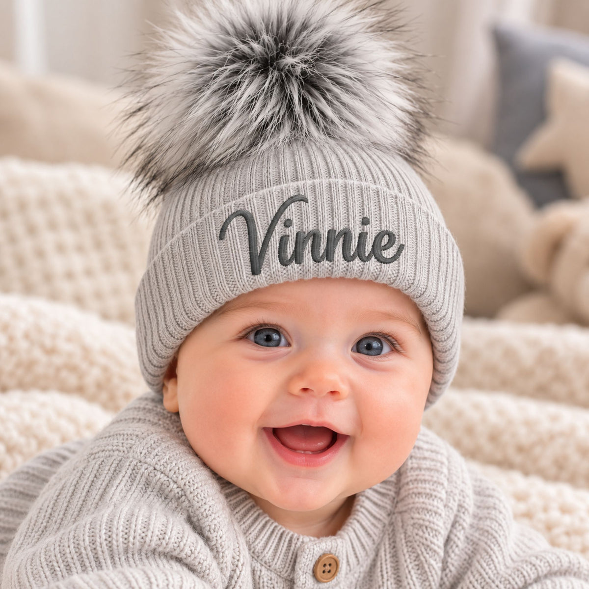 Personalised Grey Pom Pom Baby Hat (6–12 Months)