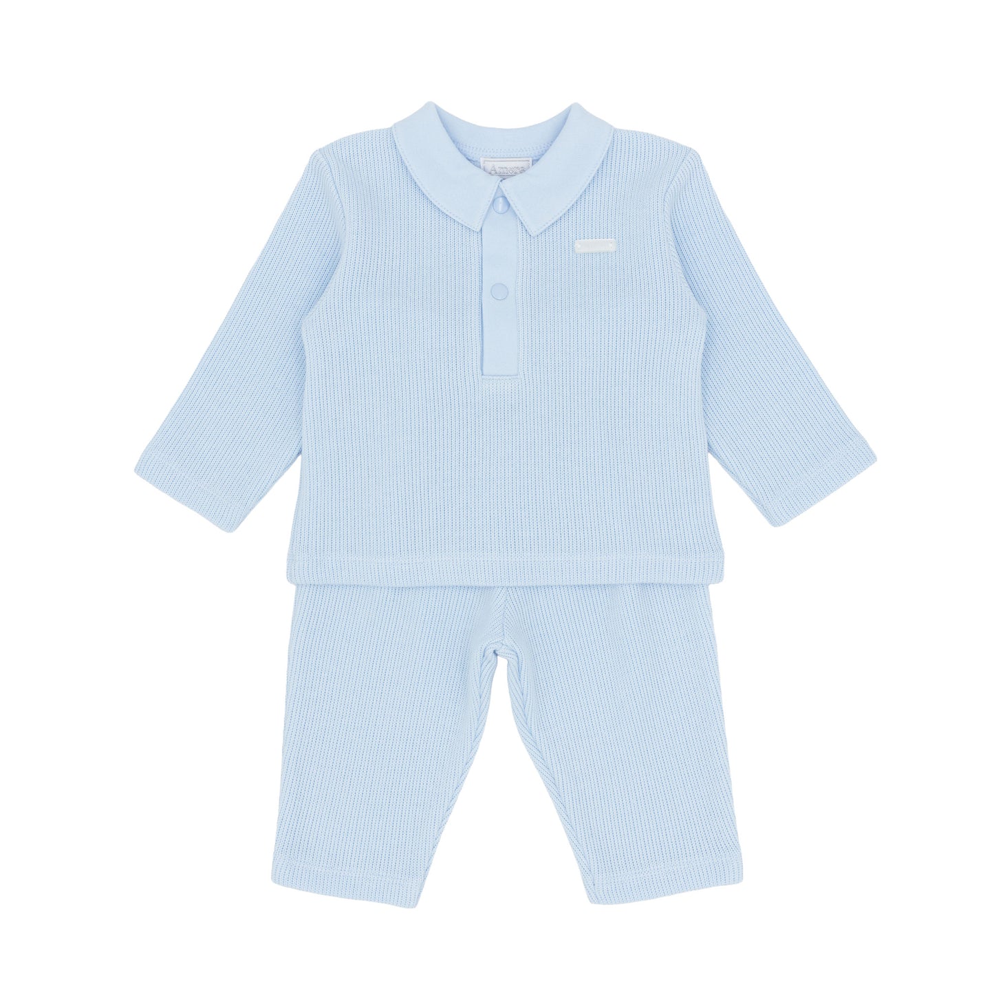 Amore baby boys blue two-piece outfit with a knitted-style collared top and matching trousers. Available in sizes 0–3 to 18–24 months.