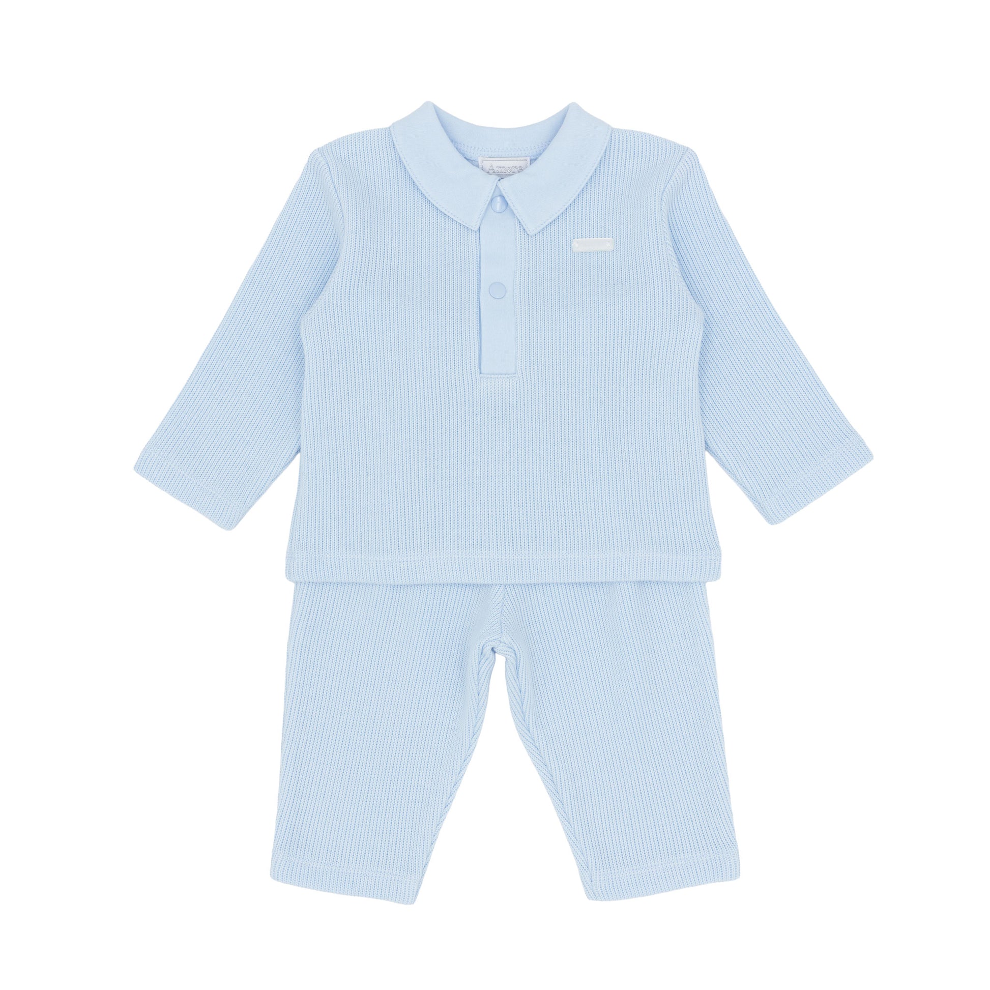 Amore baby boys blue two-piece outfit with a knitted-style collared top and matching trousers. Available in sizes 0–3 to 18–24 months.