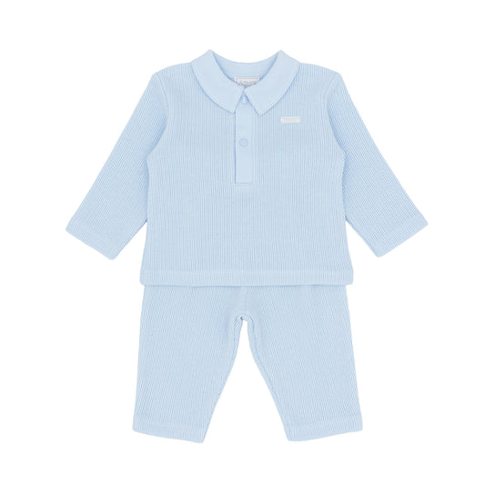 Amore baby boys blue two-piece outfit with a knitted-style collared top and matching trousers. Available in sizes 0–3 to 18–24 months.