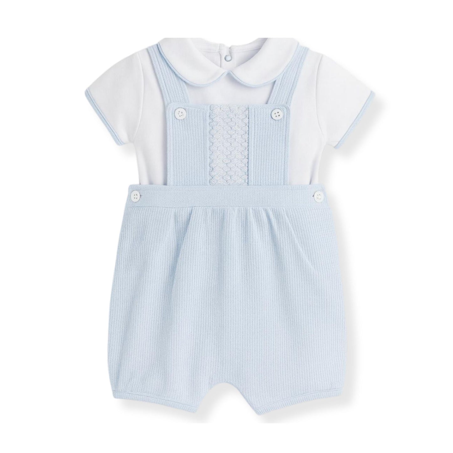 Baby boys blue smocked dungaree shorts with white collared shirt by Kleo Kids traditional 2 piece outfit