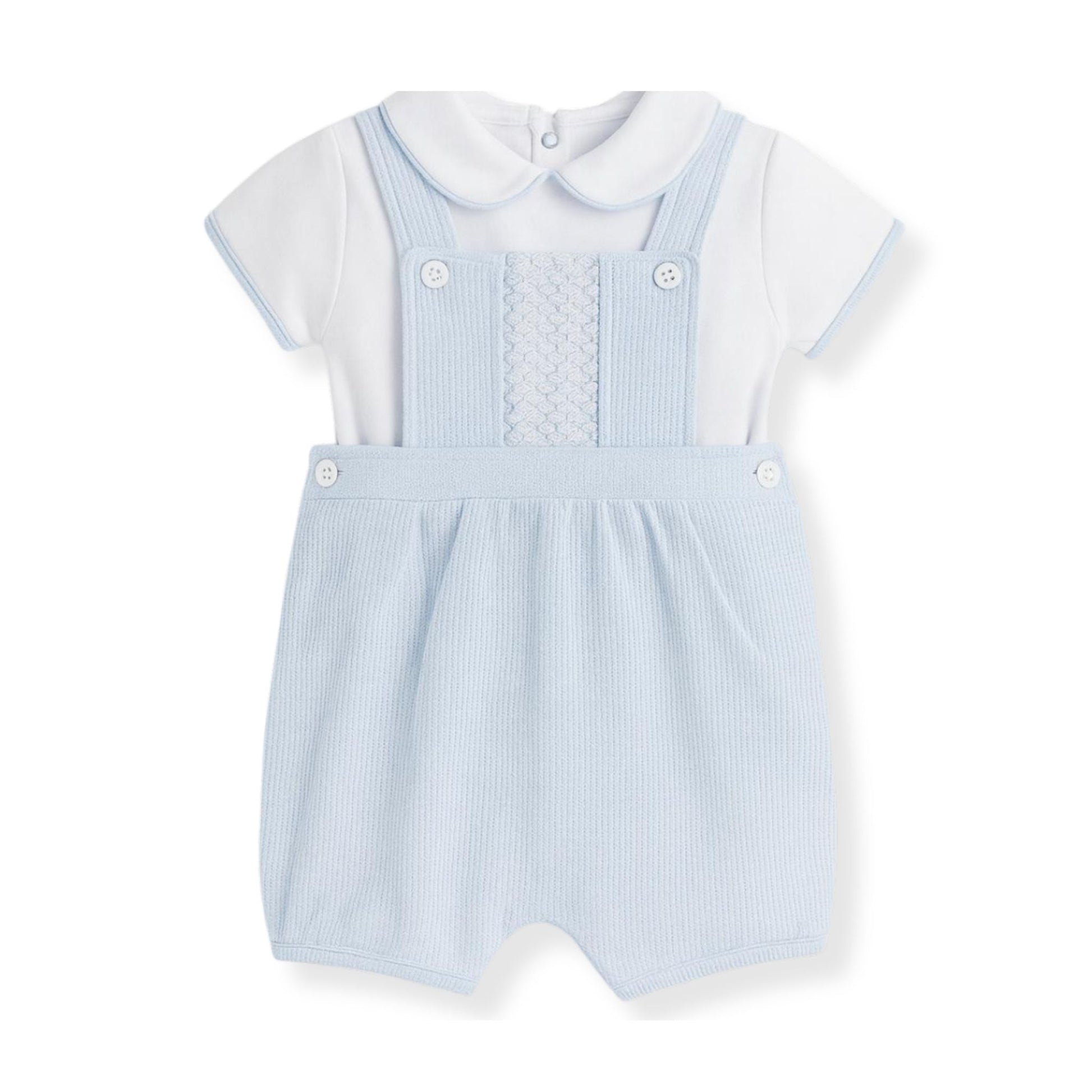 Baby boys blue smocked dungaree shorts with white collared shirt by Kleo Kids traditional 2 piece outfit