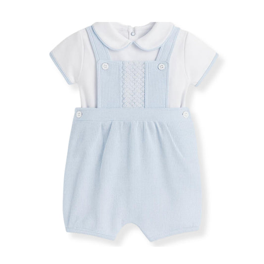 Baby boys blue smocked dungaree shorts with white collared shirt by Kleo Kids traditional 2 piece outfit