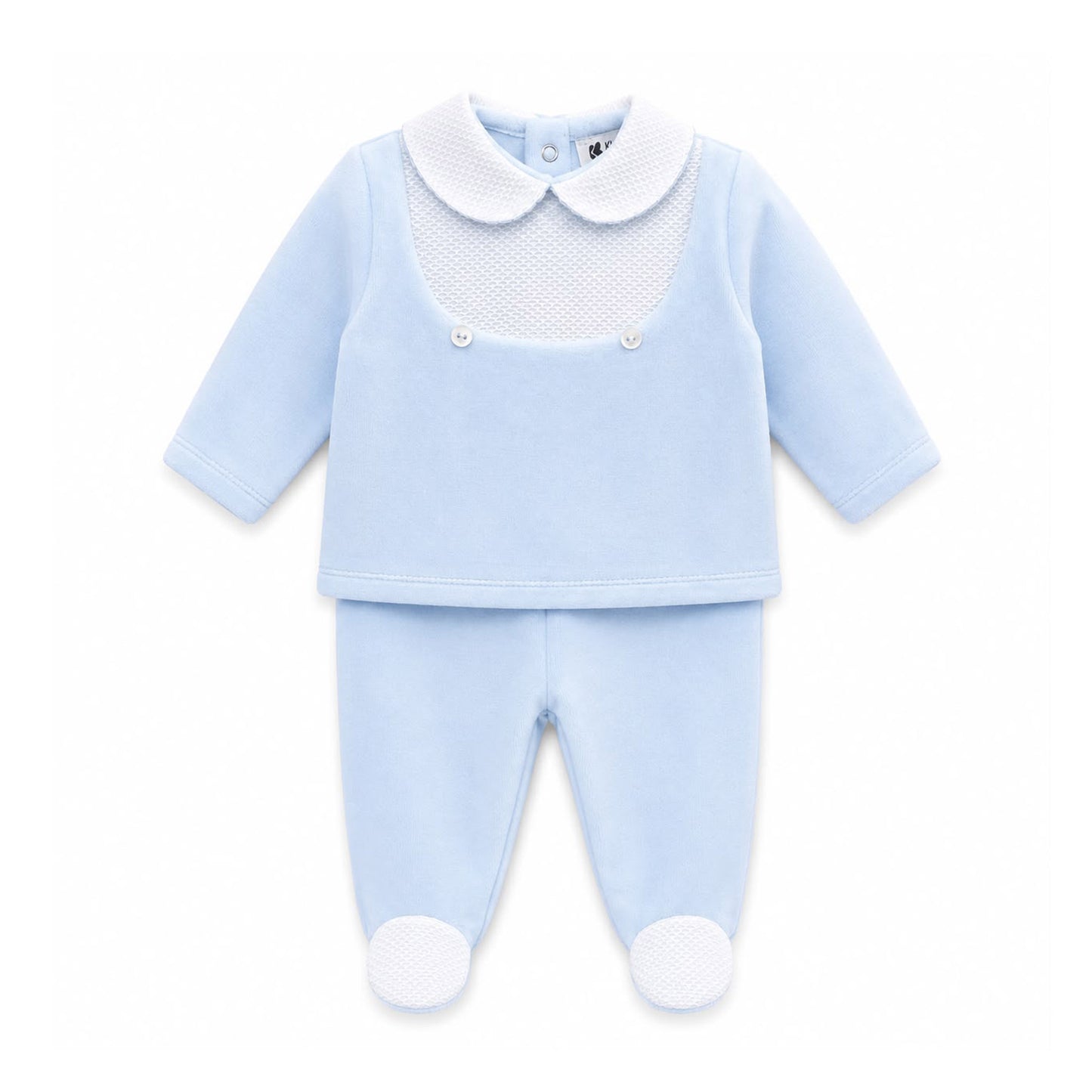 Kleo Kids baby boys blue velour two piece outfit with white collar and footed trousers