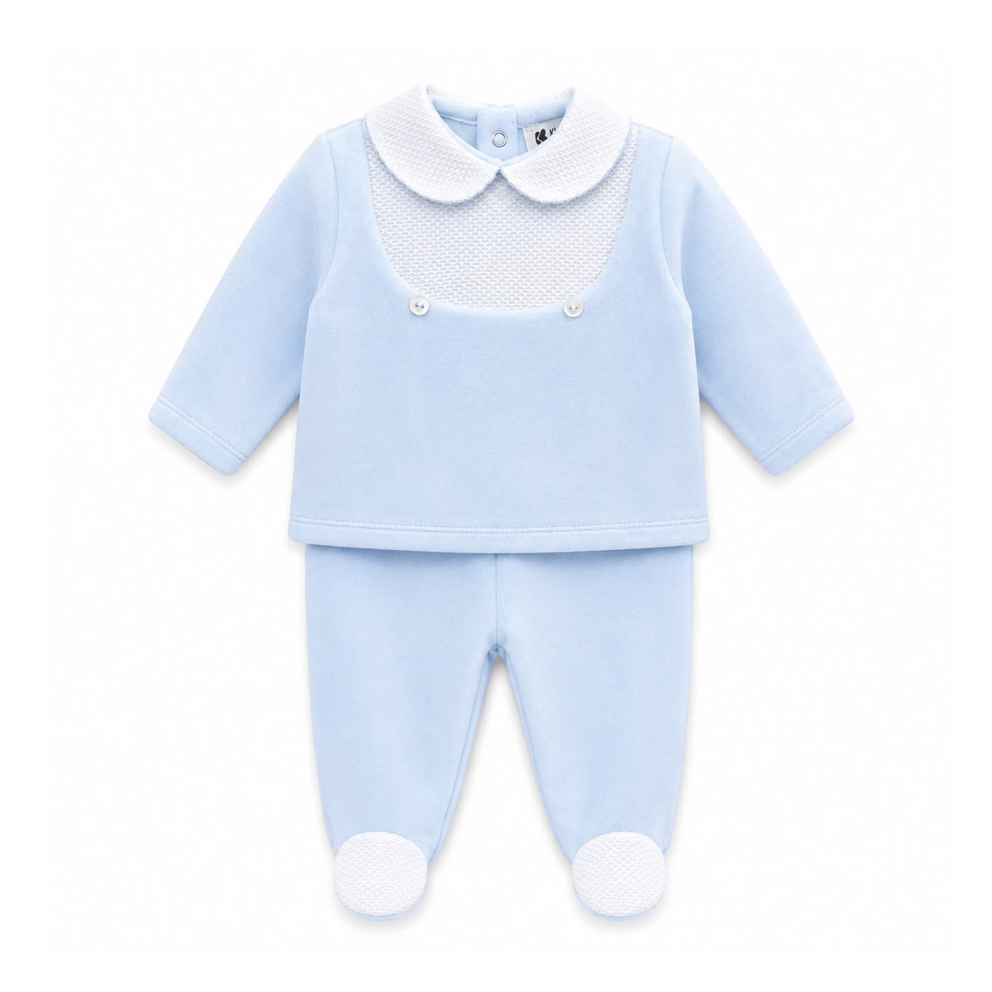Kleo Kids baby boys blue velour two piece outfit with white collar and footed trousers