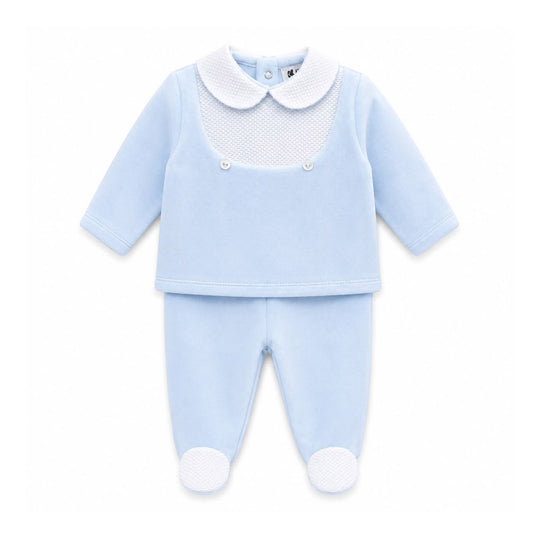 Kleo Kids baby boys blue velour two piece outfit with white collar and footed trousers