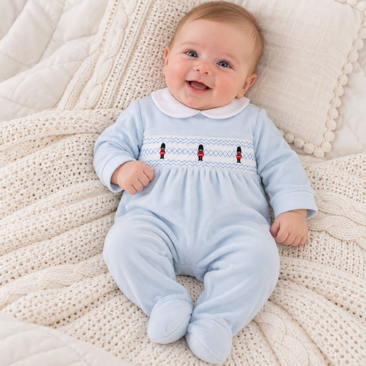 Baby Boys Blue Velour Smocked Guards Sleepsuit – Little Nosh