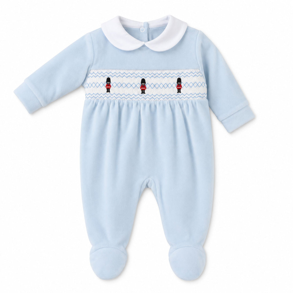 Baby Boys Blue Velour Smocked Guards Sleepsuit – Little Nosh