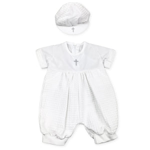 BABY BOYS CHRISTENING ROMPER WITH HAT AND CROSS