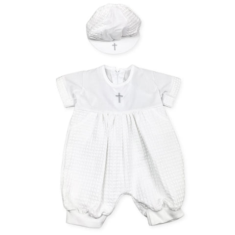 BABY BOYS CHRISTENING ROMPER WITH HAT AND CROSS