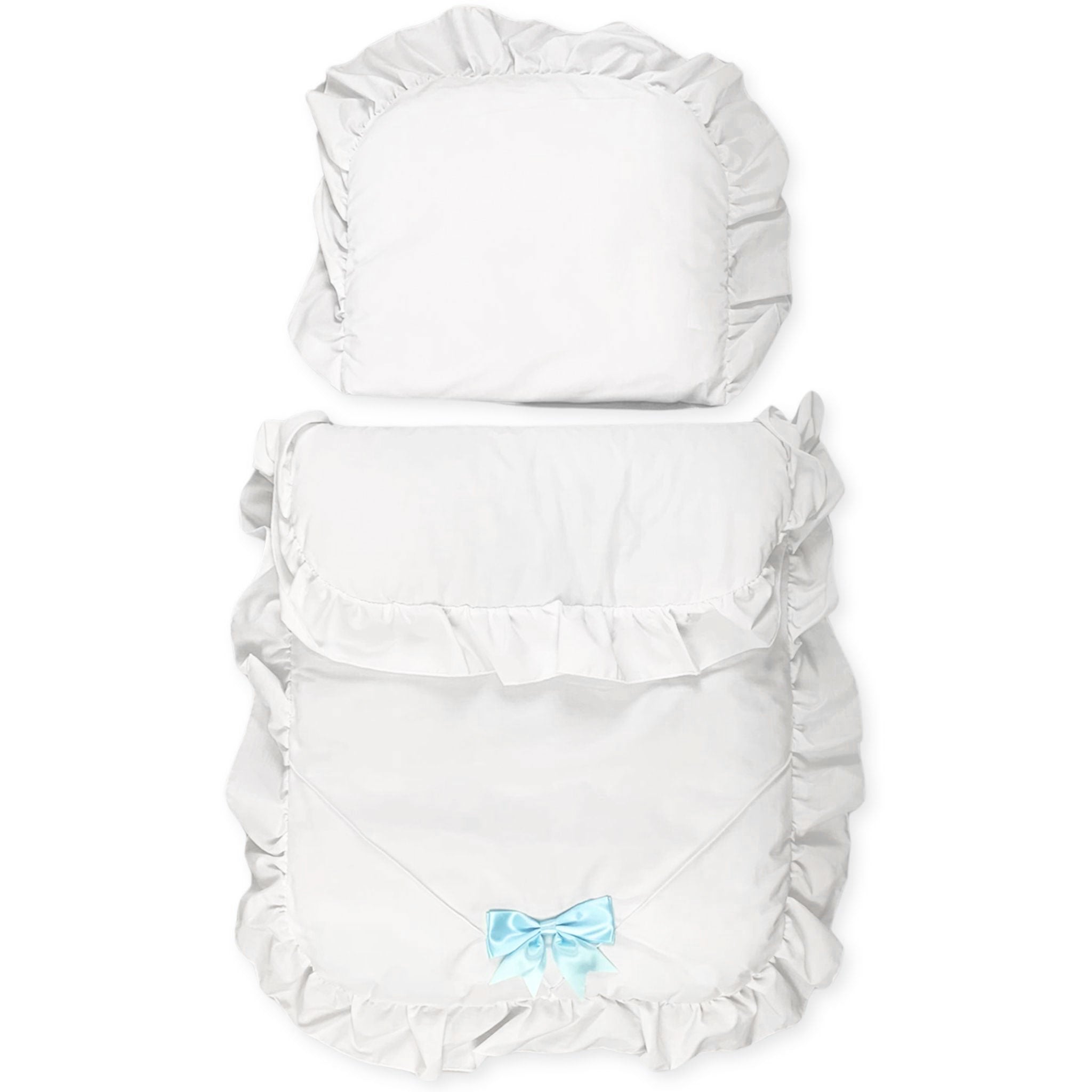 white pramset with blue bow