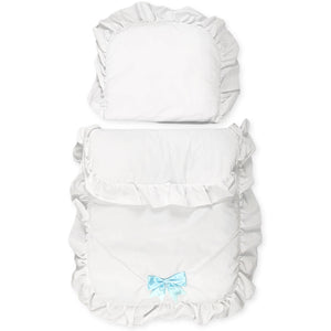 white pramset with blue bow
