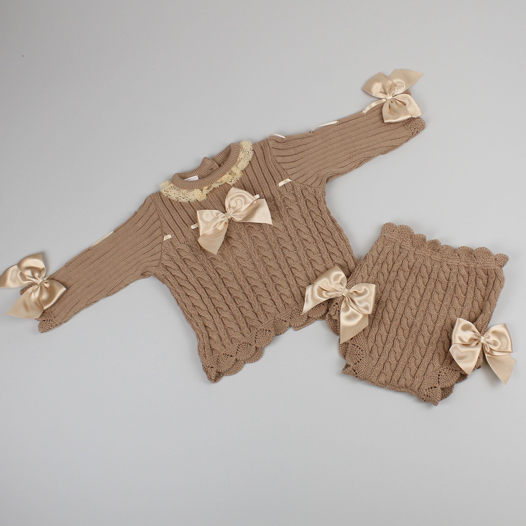 Baby Girls 2 Piece Knitted Outfit - Jam Pants and Top - Brown