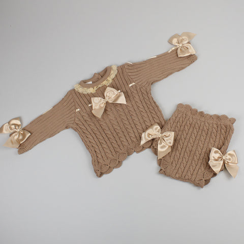 Baby Girls 2 Piece Knitted Outfit - Jam Pants and Top - Brown