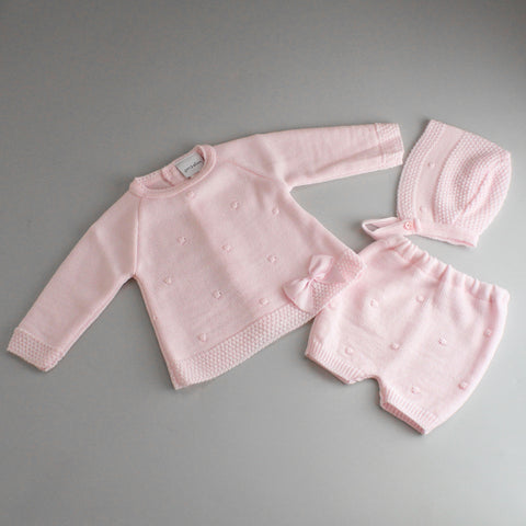 baby girls three piece knitted pink outfit with bonnet
