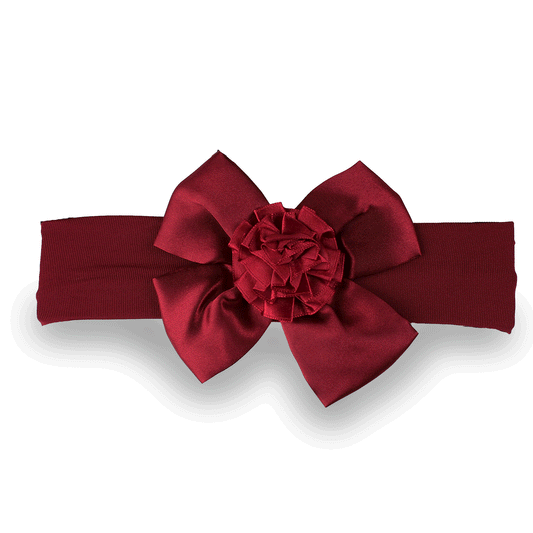Baby Girls Satin Headband with Bow and Flower - Burgundy