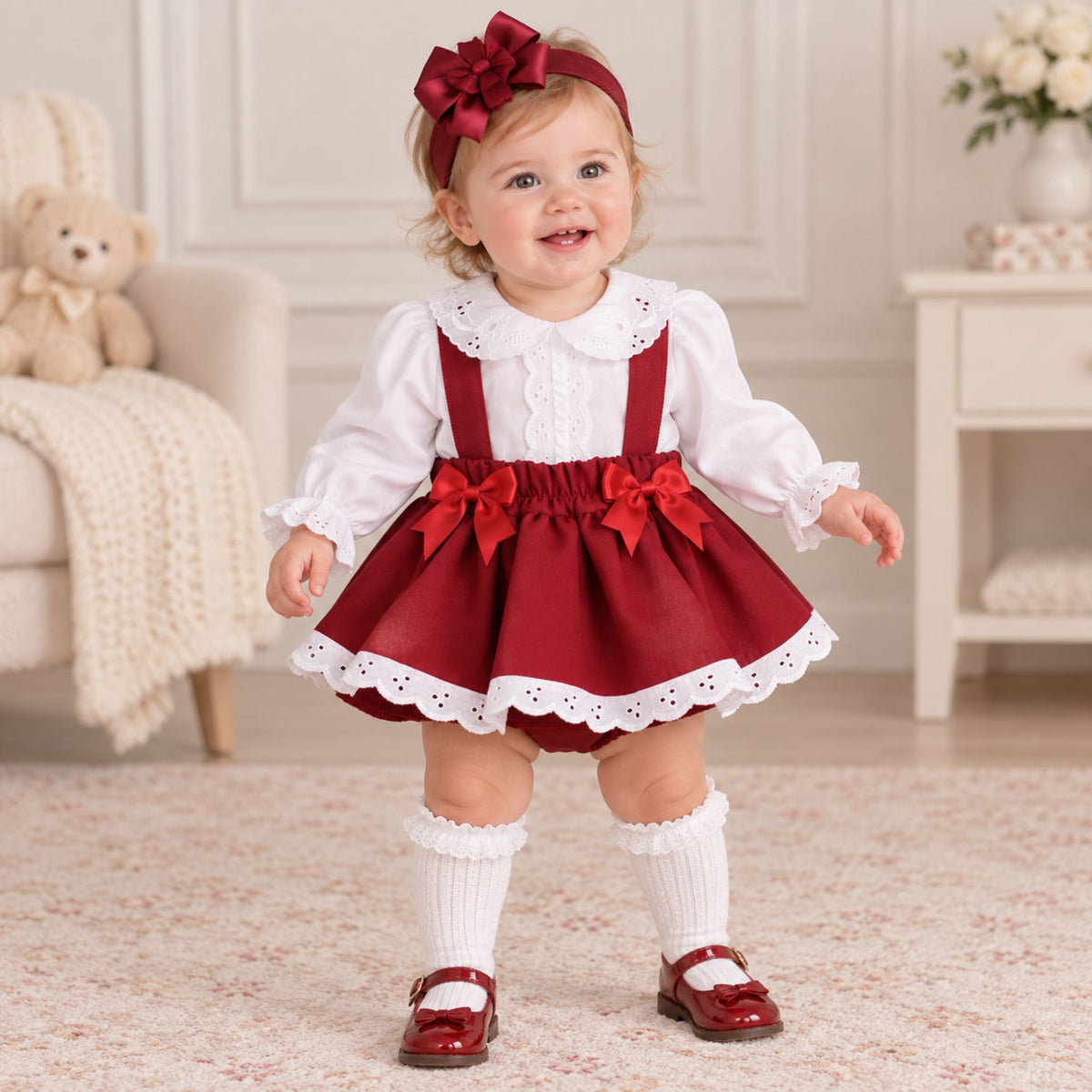 A toddler standing indoors wearing a red and white baby dress outfit with a white blouse, red skirt, matching red bow headband, white knee socks, and red shoes.