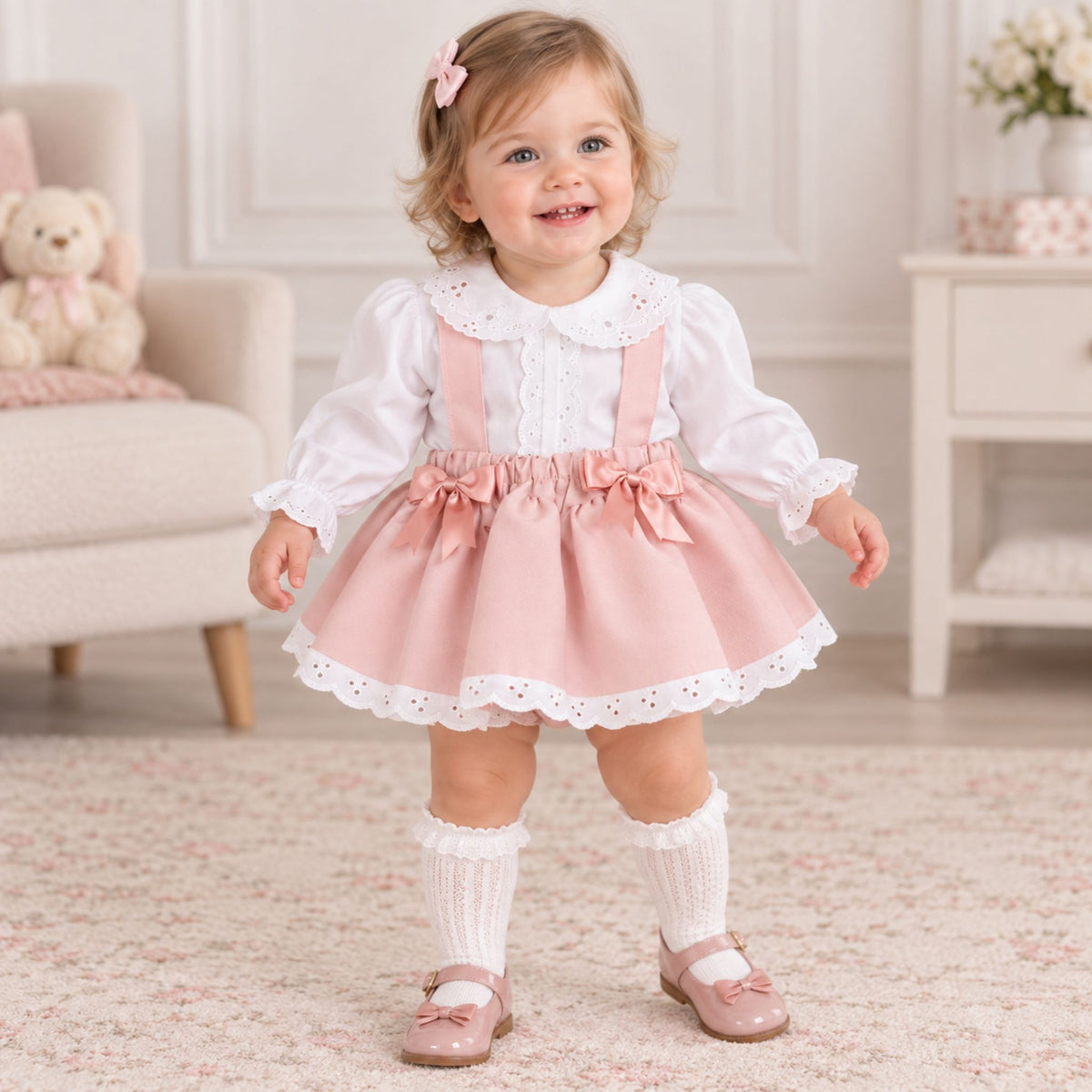 A toddler girl stands in a softly decorated nursery wearing a pink and white baby dress with a white long-sleeve blouse, pink pinafore-style skirt, lace trim, white knee socks, and pink shoes.