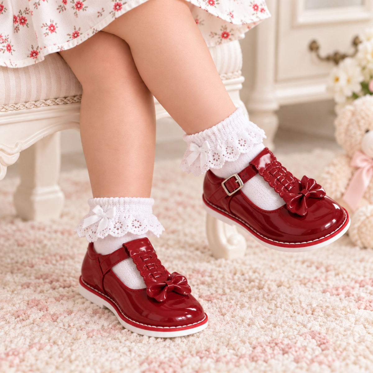 First Walker Shoes - Hard Sole Red Leather T Bar - Pex Anastasia