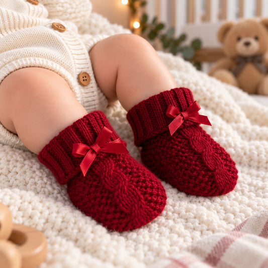Red Knitted Baby Booties with Satin Bows – Newborn to 6 Months