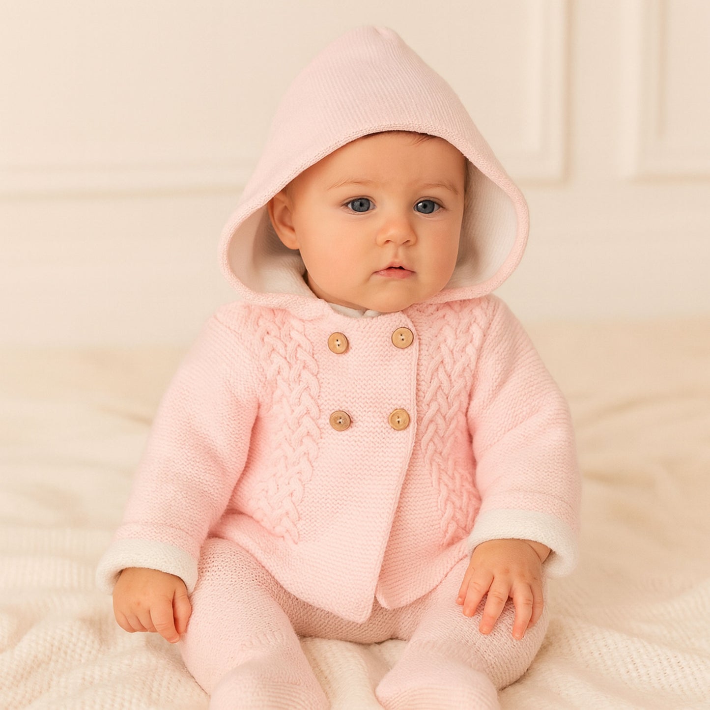 Baby wearing a pink knitted outfit with a hood on a soft beige background