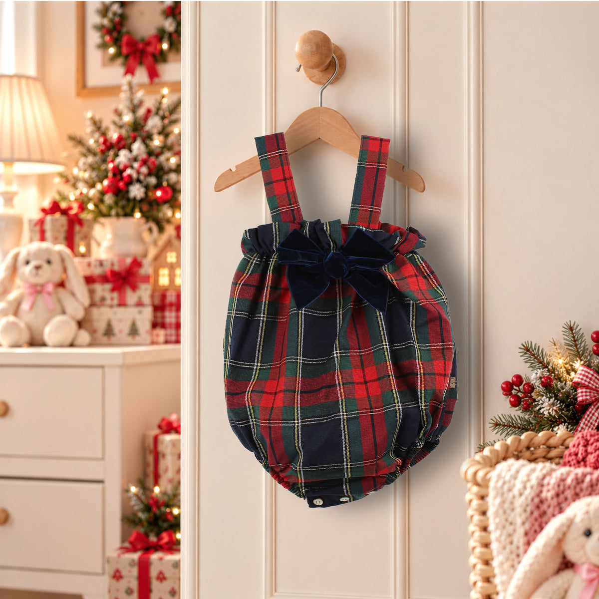 A baby bloomer romper with a red, green, and navy plaid pattern and a navy bow, hanging on a wooden hanger on a white paneled door.