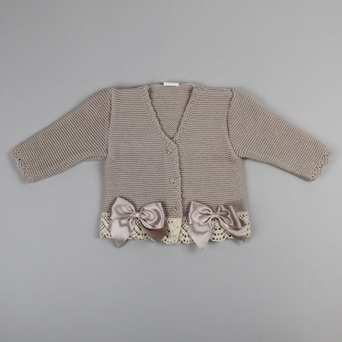 Baby Girls Knitted Cardigan with Lace Trim - Beige