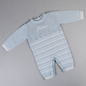 Baby Boys Personalised Blue Knitted All In One - Pex Cathal