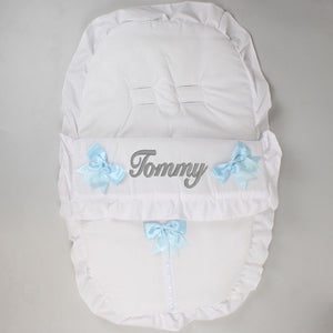 baby boys white and blue car seat cosy toes personalsied