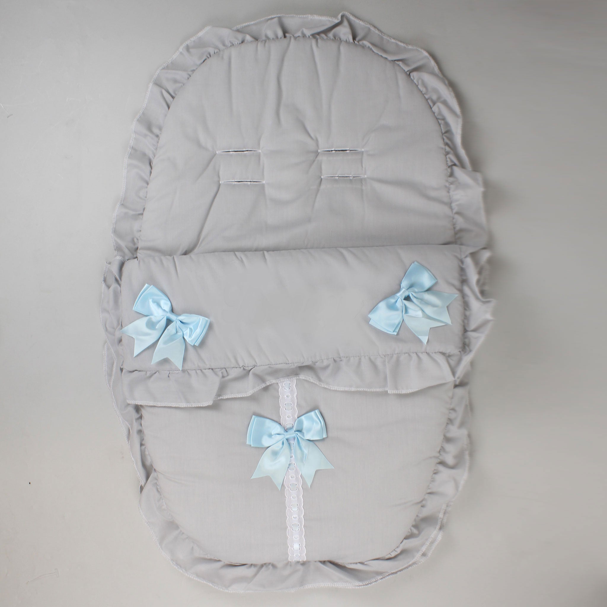 Cosy Toes Baby Car Seat in Grey with Blue Bows Lullaby Lane Baby Shop