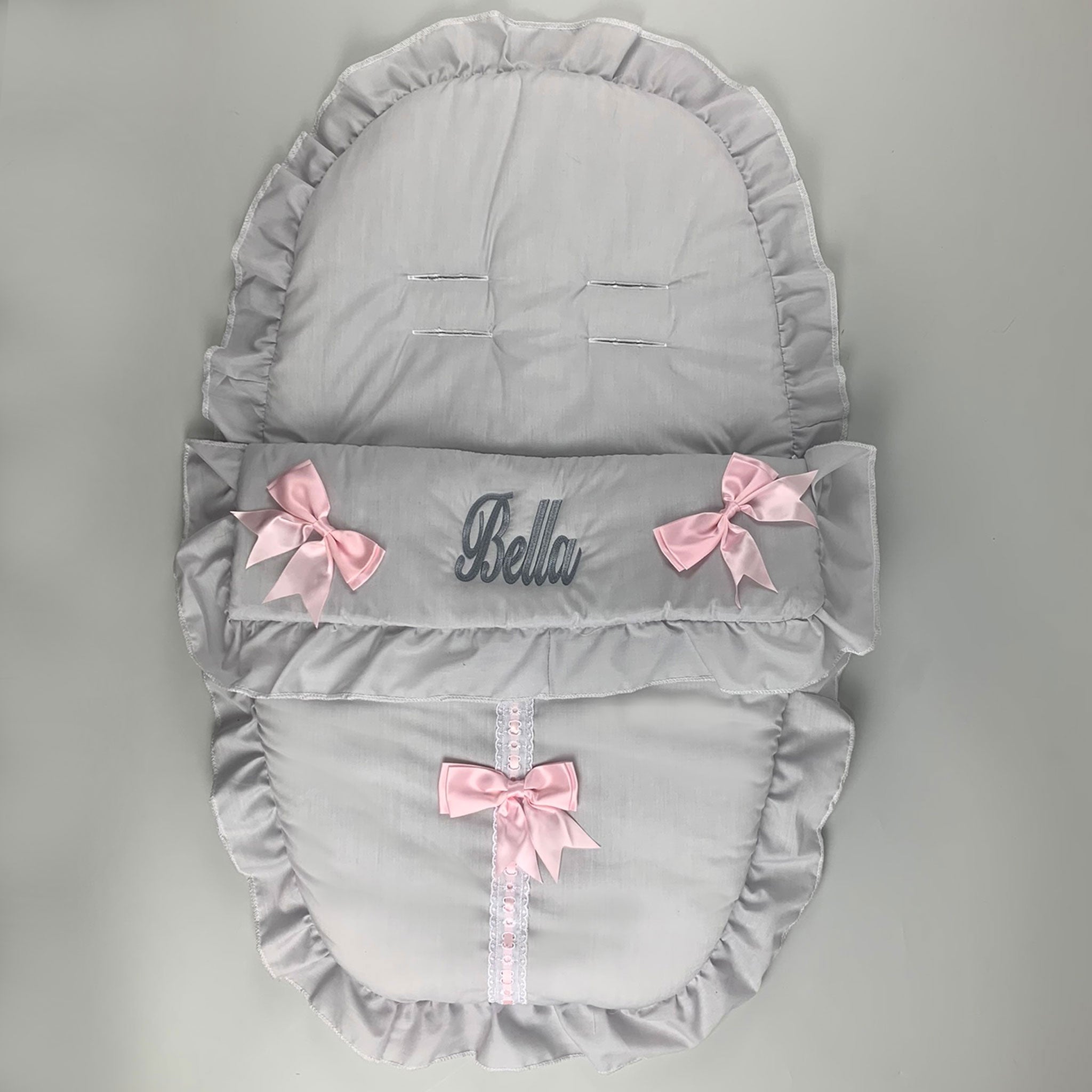 Personalised Grey Car Seat Cosy Toes / Footmuff with Pink Bows