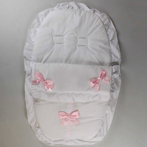 White Car Seat Cosy Toes / Footmuff with Pink Bows