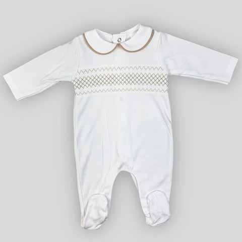 baby boy all in one cotton sleepsuit white with beige smocking