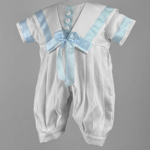 christening day baby boys white blue romper