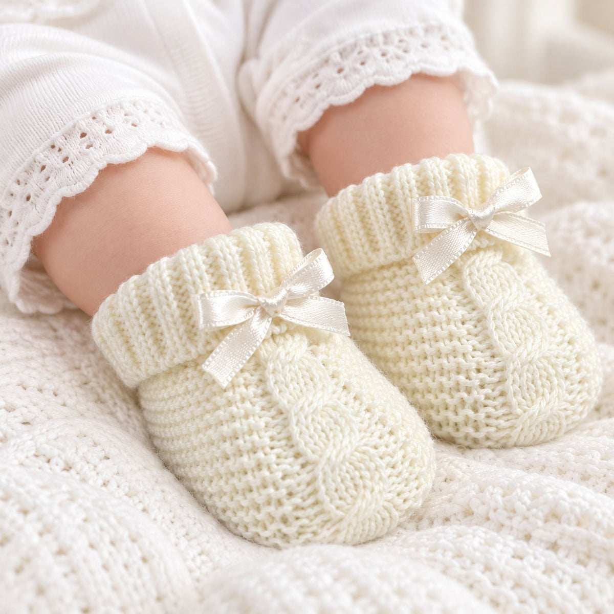 A close-up of a baby's legs wearing cream-colored, cable-knit booties with white satin bows, resting on a matching cream knit blanket.