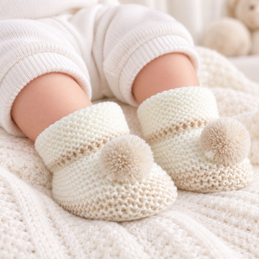 A close-up of a baby's legs wearing cream-colored knit booties with matching pom-poms, resting on a soft cream knit blanket.