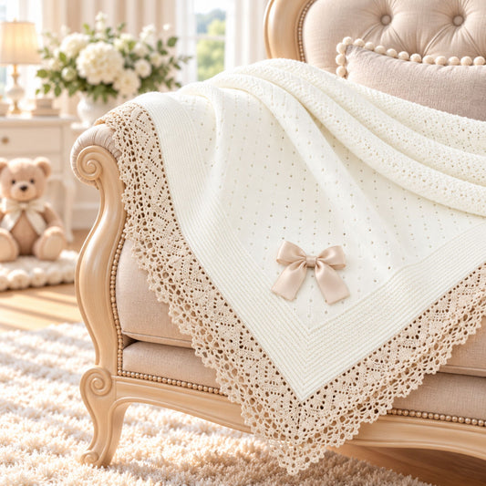 Large Cream Knitted Baby Shawl with Beige Lace Trim – Made in Portugal