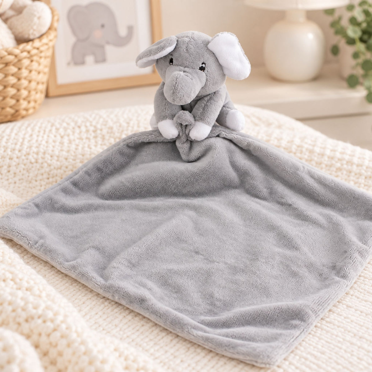 A soft gray plush elephant comforter with a matching gray blanket, styled on a cream knit blanket in a nursery setting.
