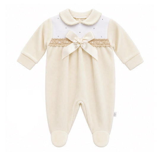 Baby girls cream velour all in one with satin bow and white lace panel made in Portugal