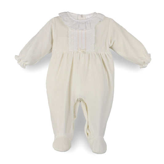 Pex cream velour baby sleepsuit with white frill collar and detailed front panel