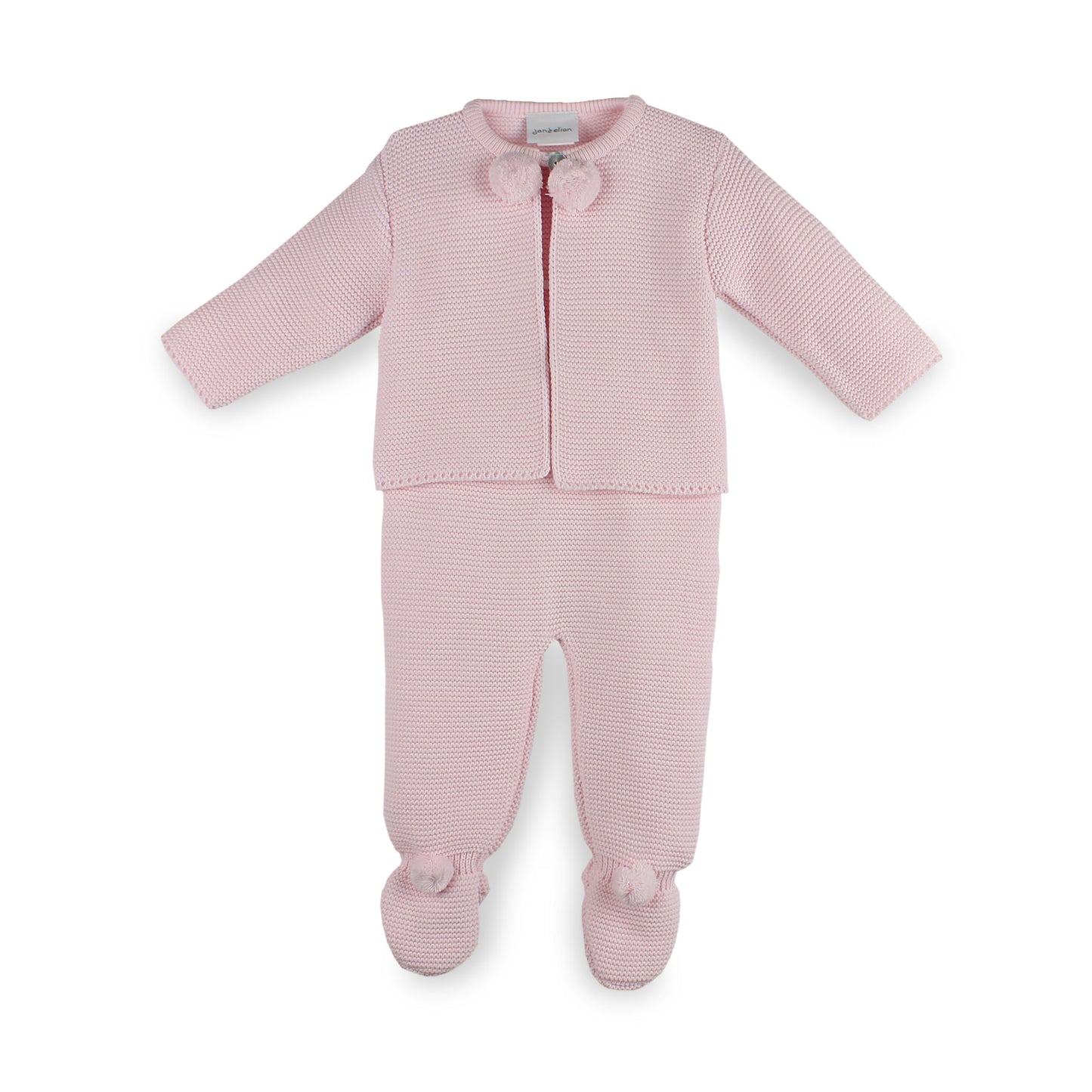 Pink baby two piece pram suit with a pom poms on a white background