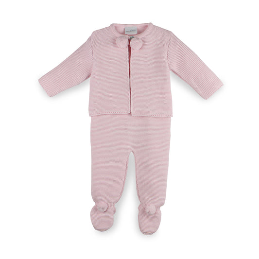 Pink baby two piece pram suit with a pom poms on a white background