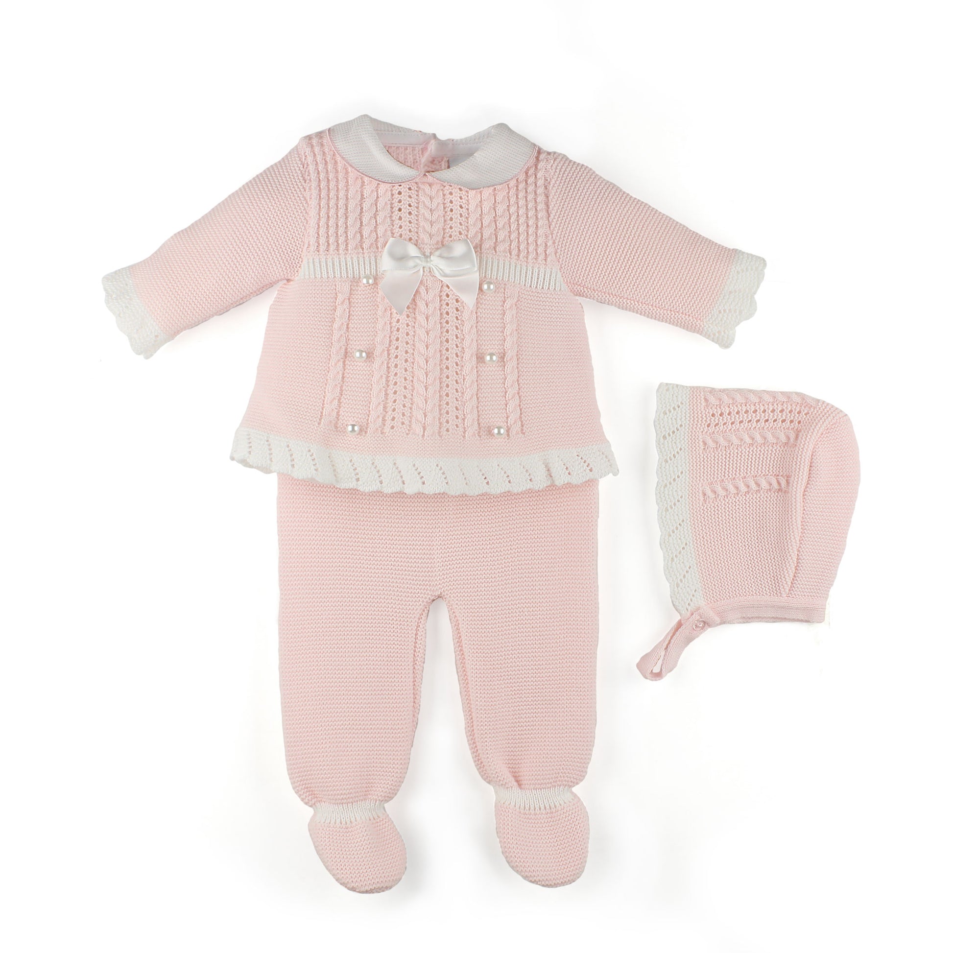 Pink baby outfit with matching hat on a white background
