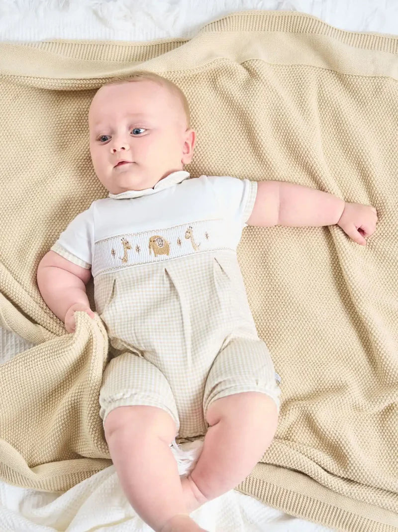 Beige Checked Baby Romper - Smocked Jungle Animals